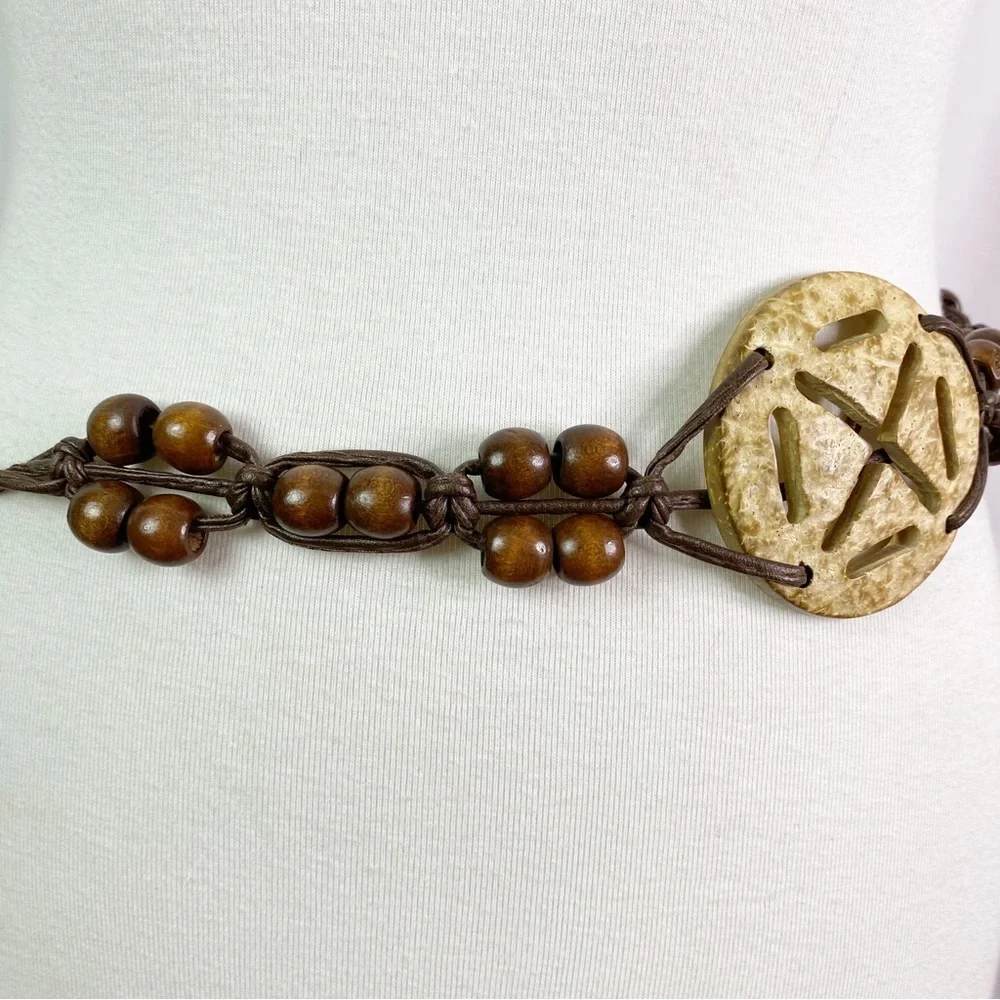 Vintage Boho Hippie Coconut Shell Faux Leather Macrame Belt